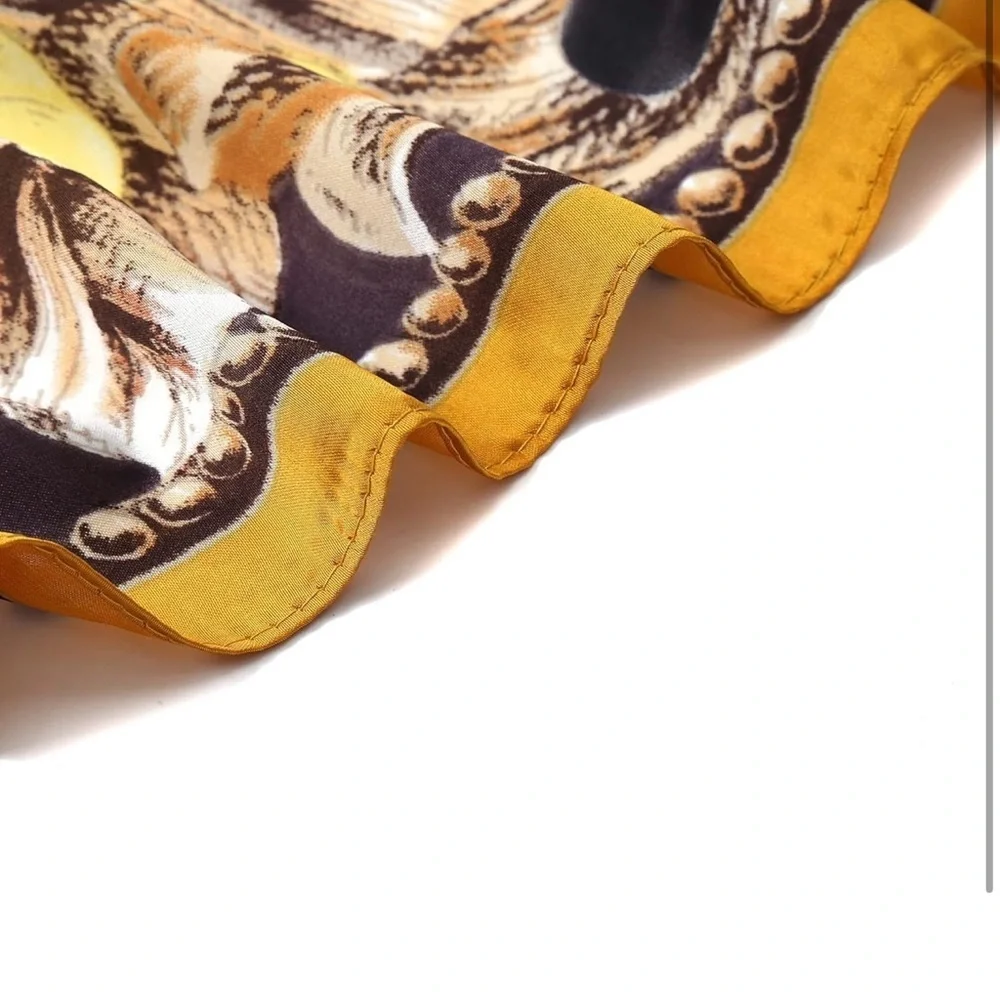 Elegant Floral tiger Silk feeling satin Scarf - Yellow and Brown